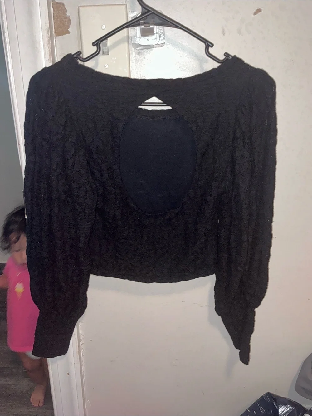 Free People Black Lace Long-Sleeve Cropped Top